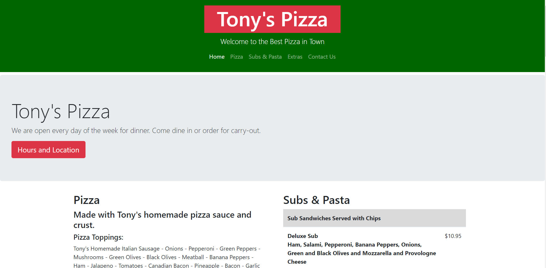 screenshot of and link to Tony's Pizza website